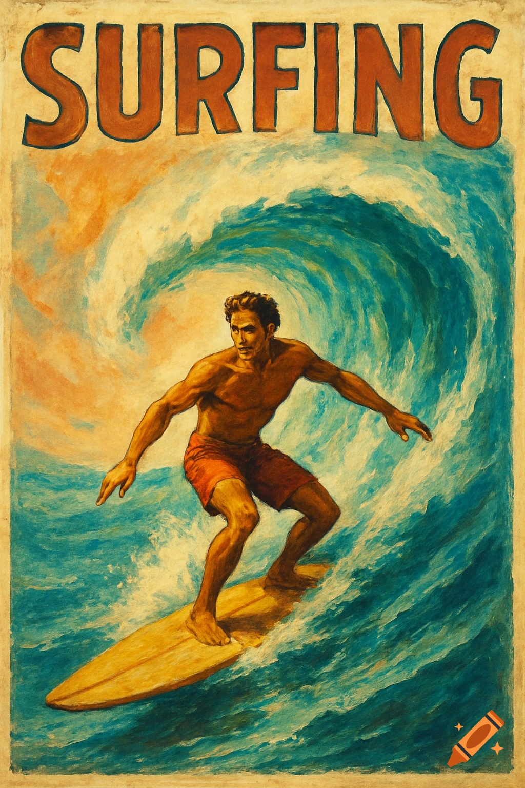 A man surfs a large wave in a vintage poster style, with the word SURFING at the top.