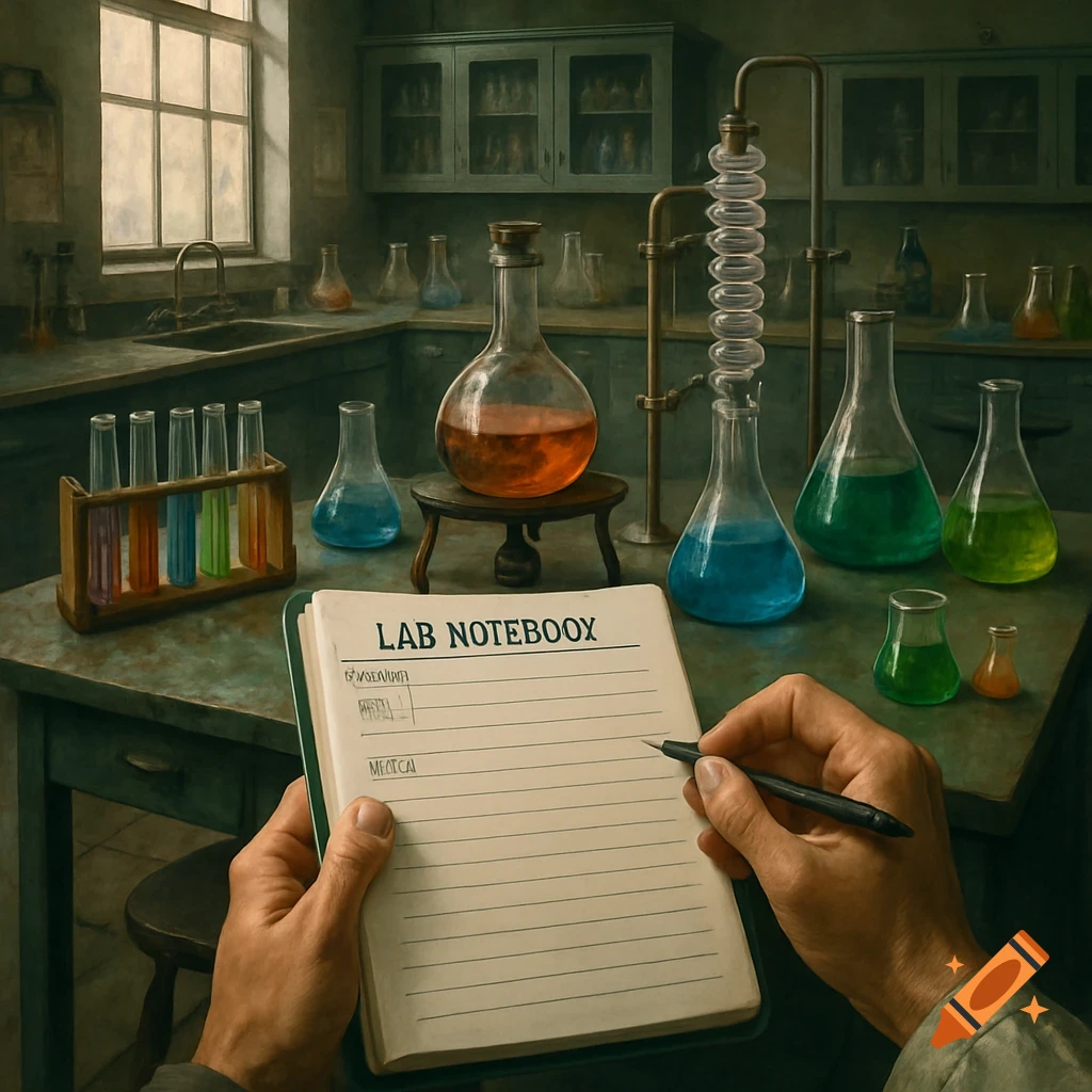 First-person view writing in a lab notebook on a counter filled with beakers and test tubes in a chemistry lab.