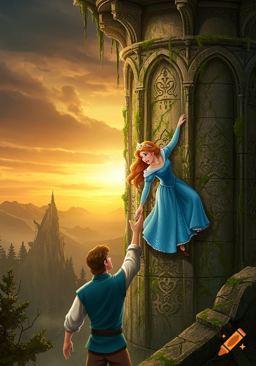 A man reaches up from below a tower wall to help a woman in a blue dress reach down to him. Fantasy illustration at sunset.
