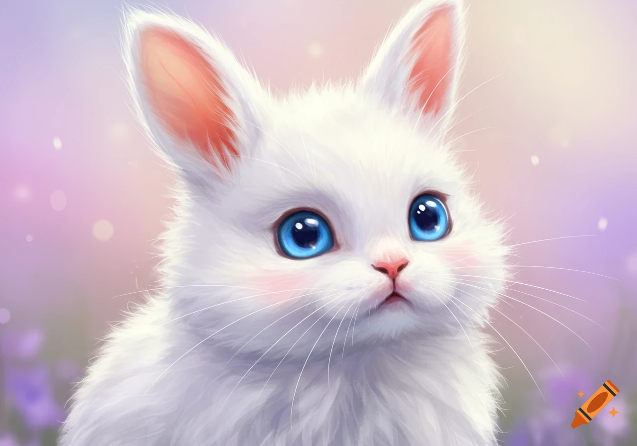 Close-up illustration of a fluffy white bunny with big blue eyes and pink cheeks on a soft background