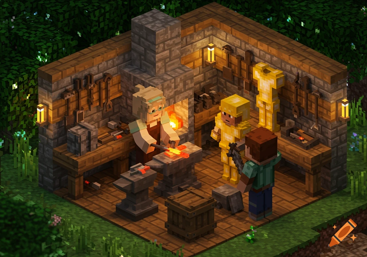 A Minecraft style blacksmith forge with characters in a forest.