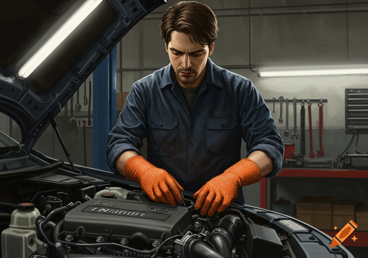 Detailed illustration of a mechanic in orange gloves working on a car engine in a garage.