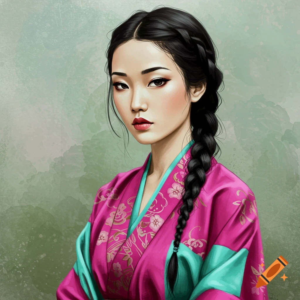 Portrait of a woman with a braid wearing a pink kimono with floral pattern, digital art style.