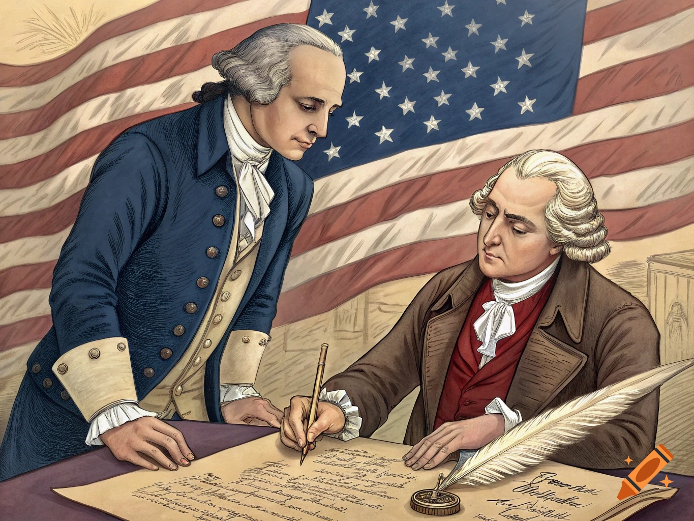 Illustration of historical figures signing a document with quill pens, with an American flag in the background, in vintage drawing style.