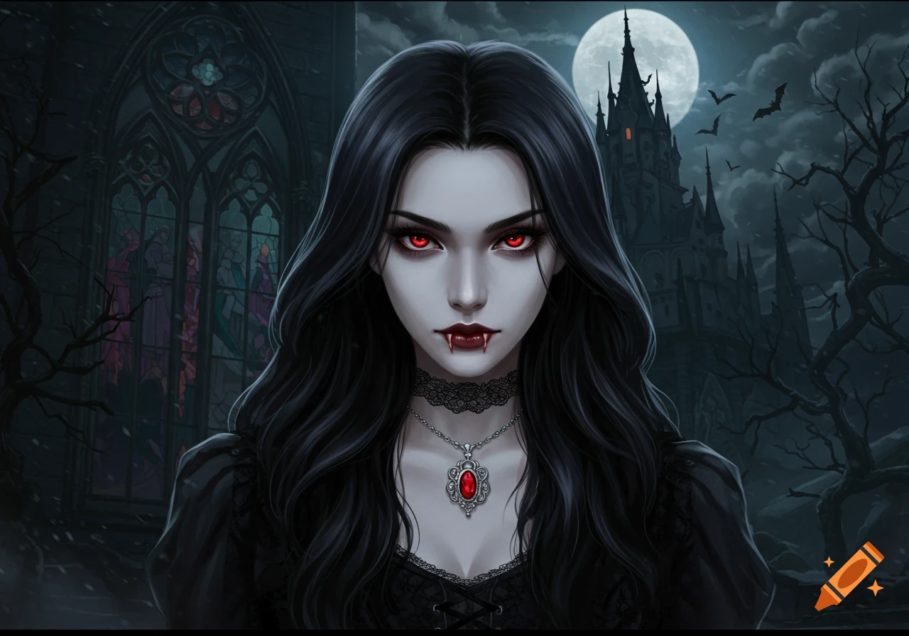 A gothic fantasy illustration of a pale vampire woman with red eyes, fangs, and long black hair against a dark castle and full moon.
