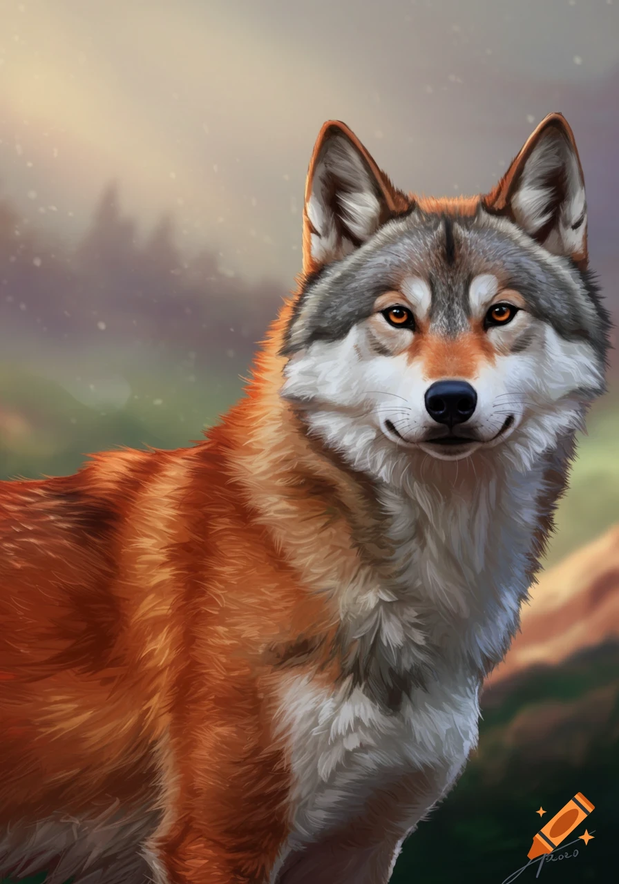 Digital painting portrait of a reddish-orange and grey wolf-like animal in a forest setting.