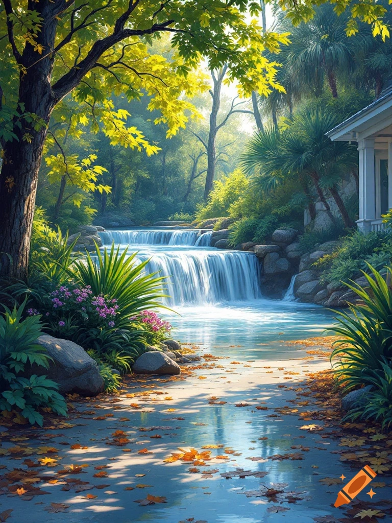 A waterfall cascades through a sun-dappled forest stream with autumn leaves on the path, near a house.