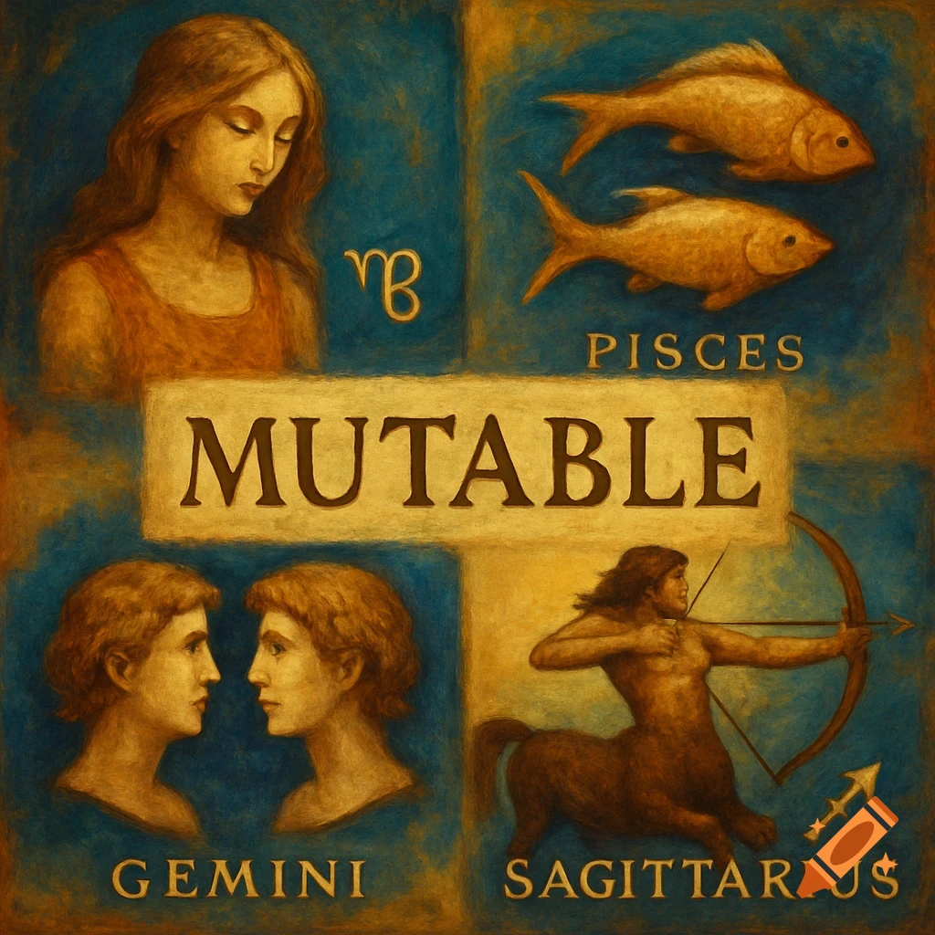 Classical illustration of Virgo, Pisces, Gemini, and Sagittarius panels around the word MUTABLE.