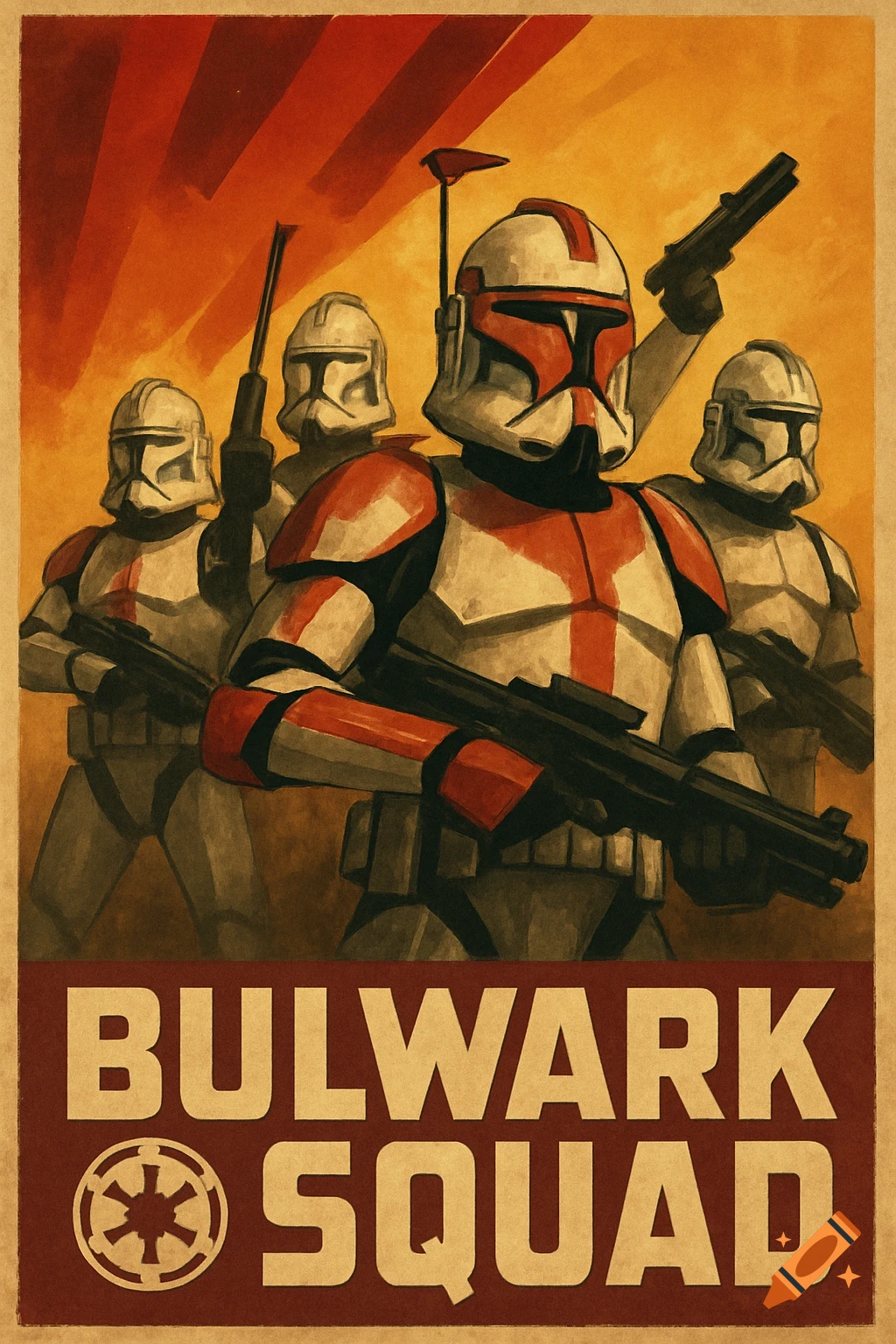 Star Wars Clone Wars propaganda poster of four clone troopers with text 'BULWARK SQUAD'