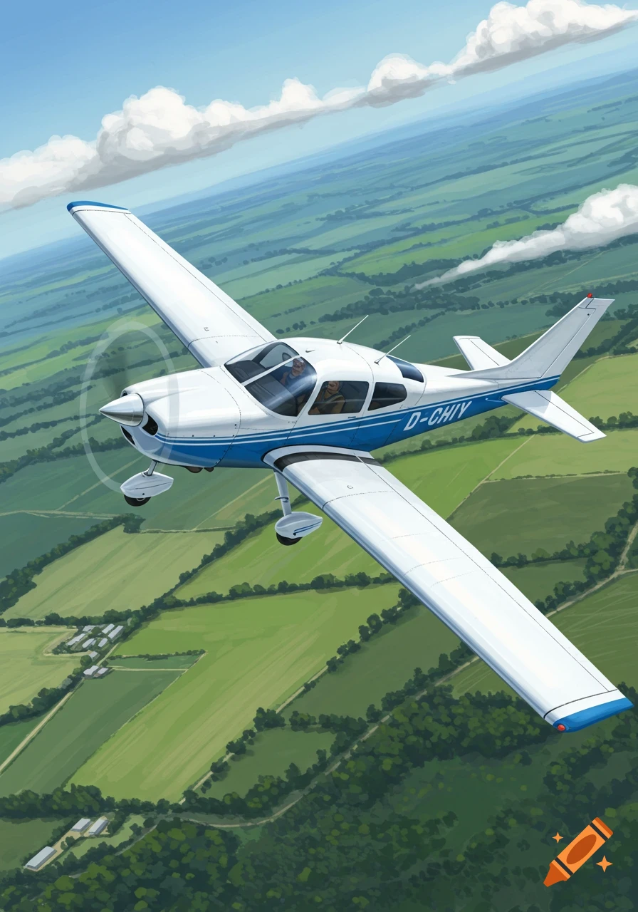 Illustration of a small airplane flying over green fields and trees.