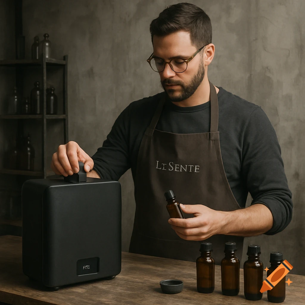Man in apron holding essential oil bottle next to a black diffuser and other oil bottles on a wooden table.