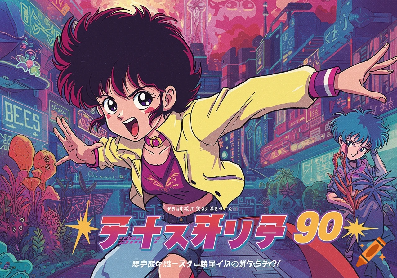90s anime style illustration of two characters in a vibrant, futuristic city at night with neon signs.