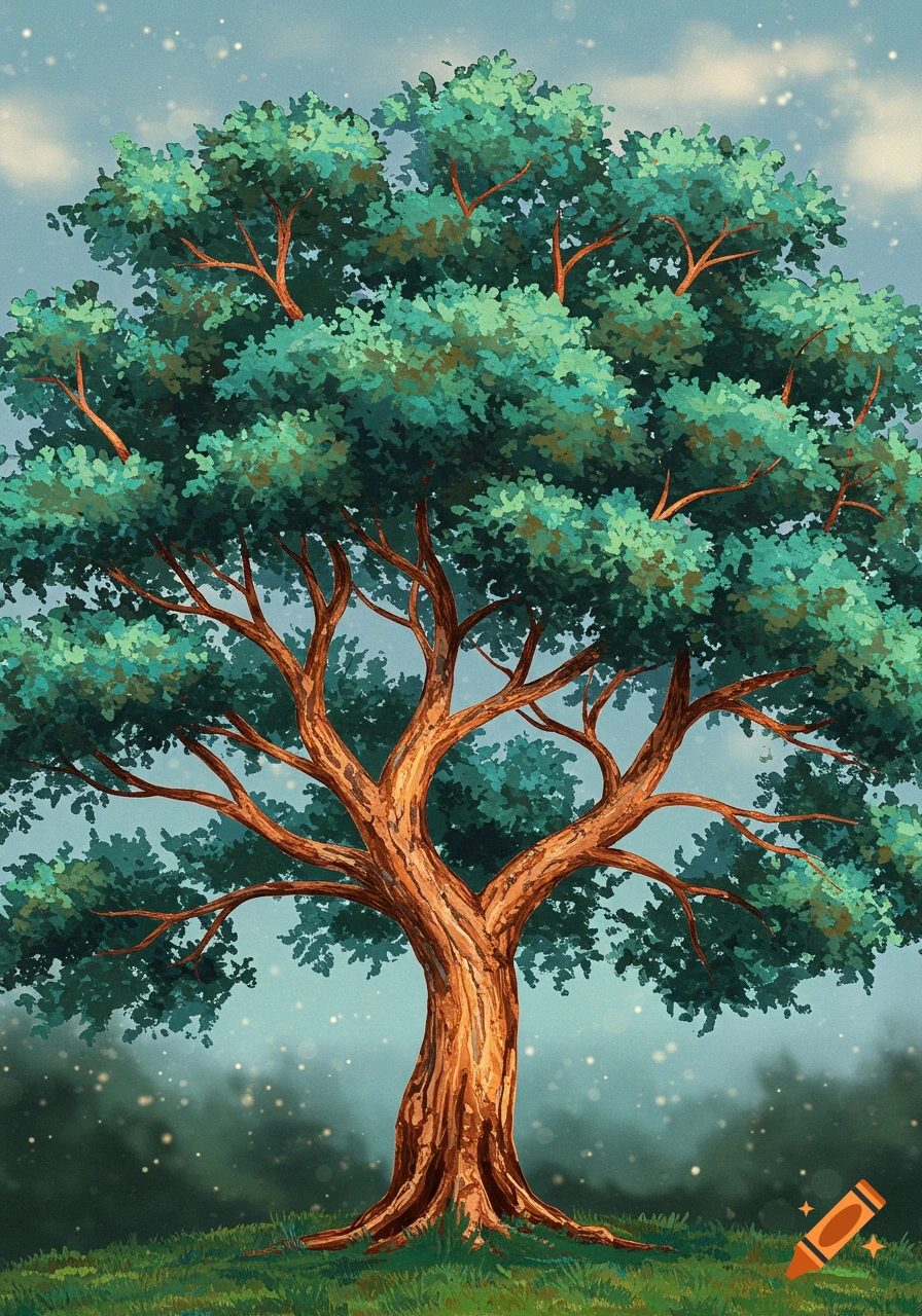 A painterly illustration of a large tree with a trunk resembling patina copper, set against a soft blue sky.