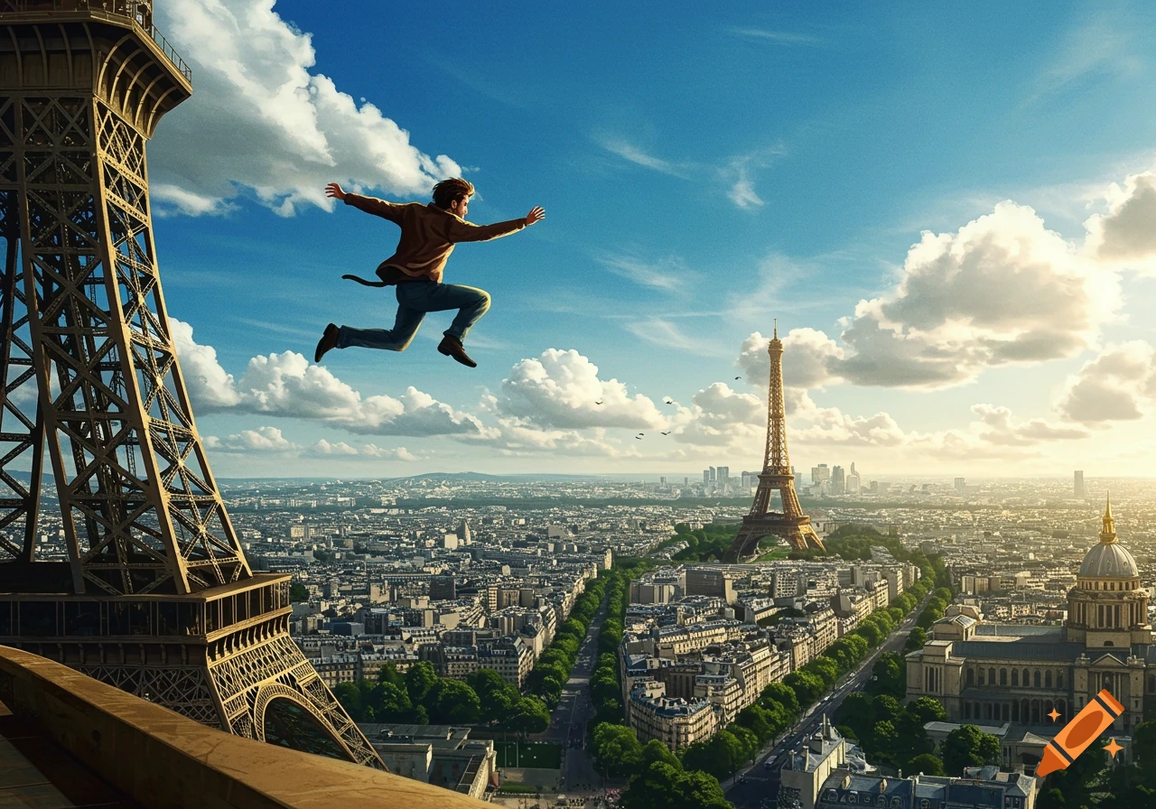 A man jumps high in the air near the top of the Eiffel Tower, looking out over the Paris cityscape at sunset.