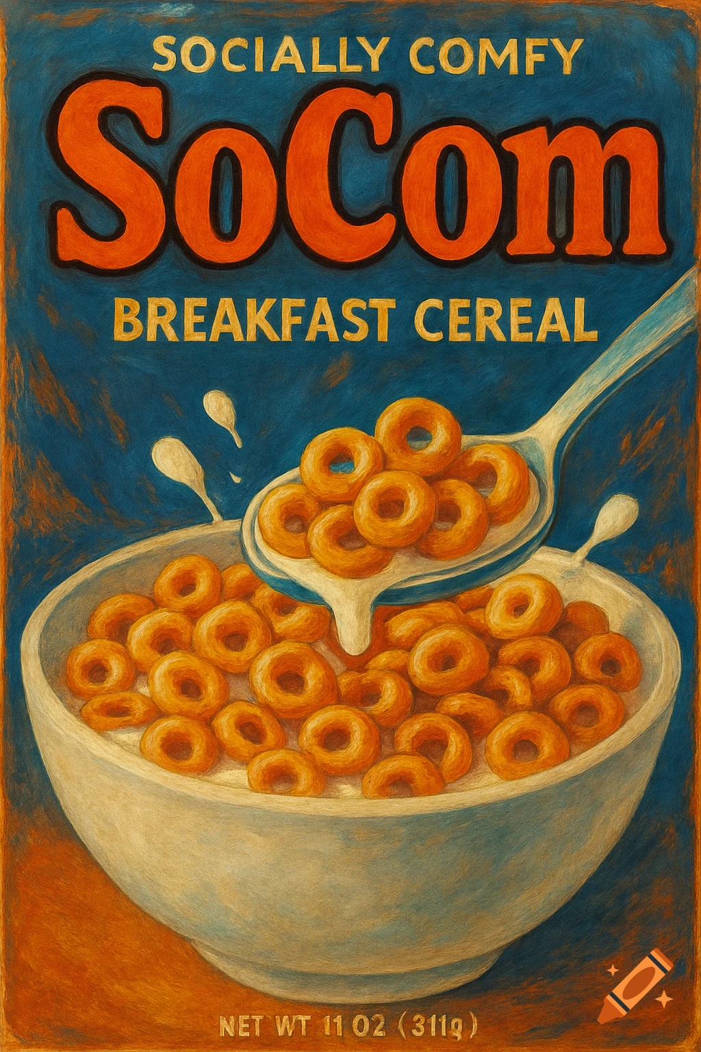 Stylized painting of a cereal box for 'SoCom Socially Comfy Breakfast Cereal' with a bowl of cereal and spoon.