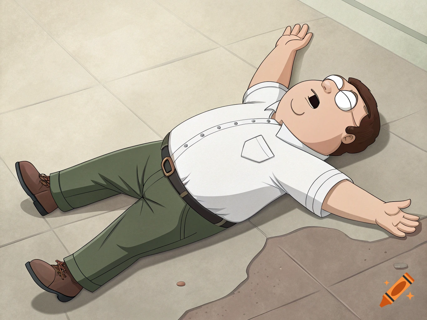 Cartoon character Peter Griffin lies spread-eagled on a tiled floor.