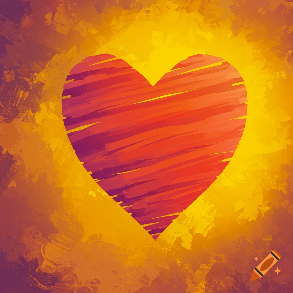 Stylized red and purple heart on a bright yellow and orange painterly background
