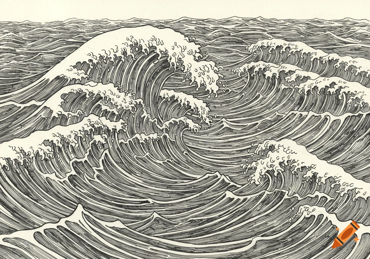 Ink drawing of turbulent ocean waves.