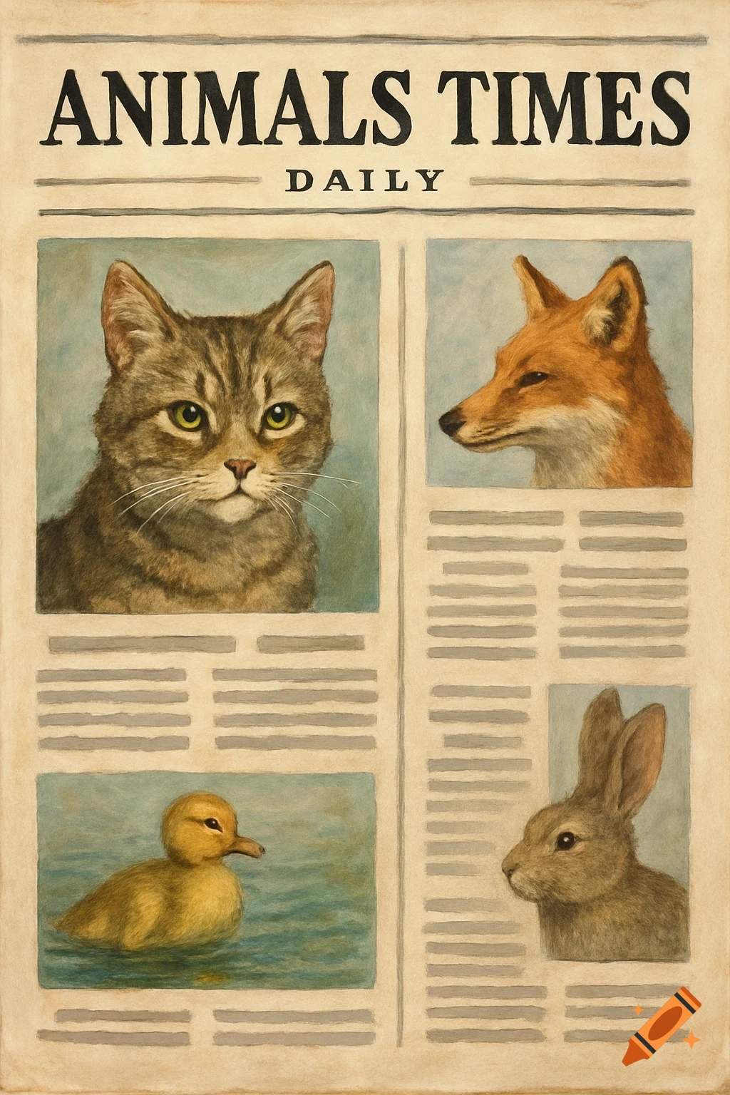 Painting of a newspaper front cover featuring portraits of a cat, fox, duck, and rabbit.