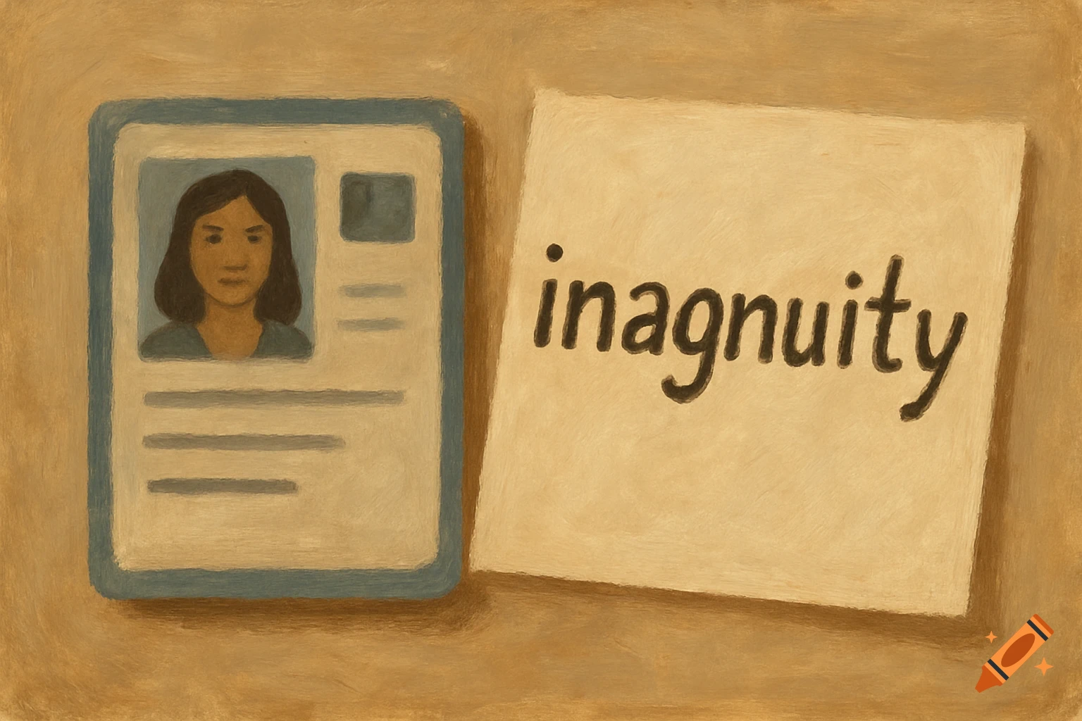 A painted-style image showing an ID card with a person's portrait and placeholder text lines next to a piece of paper with the word "inagnuity" written on it.
