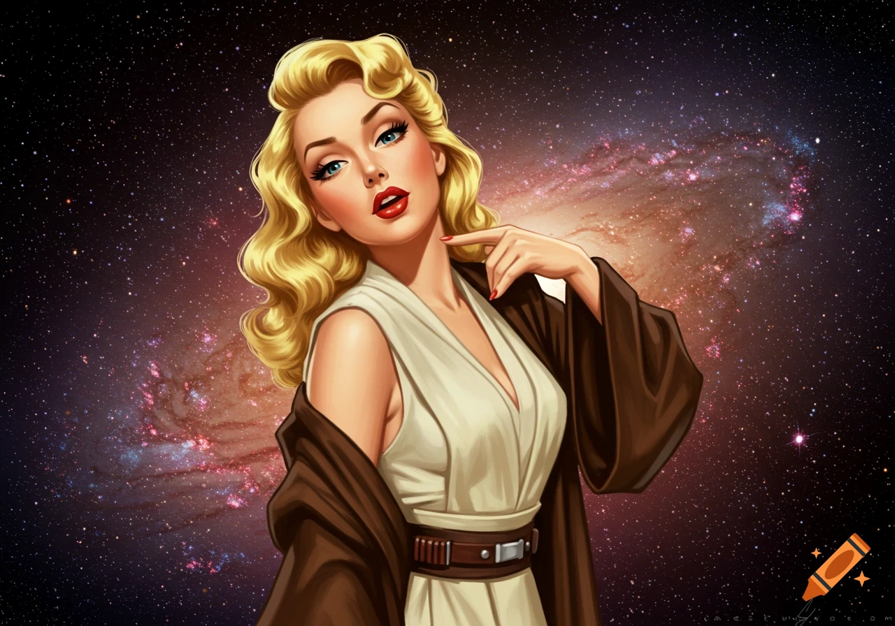 Pin-up woman with blonde hair and red lips wearing a Jedi-like outfit against a space background, illustration style.