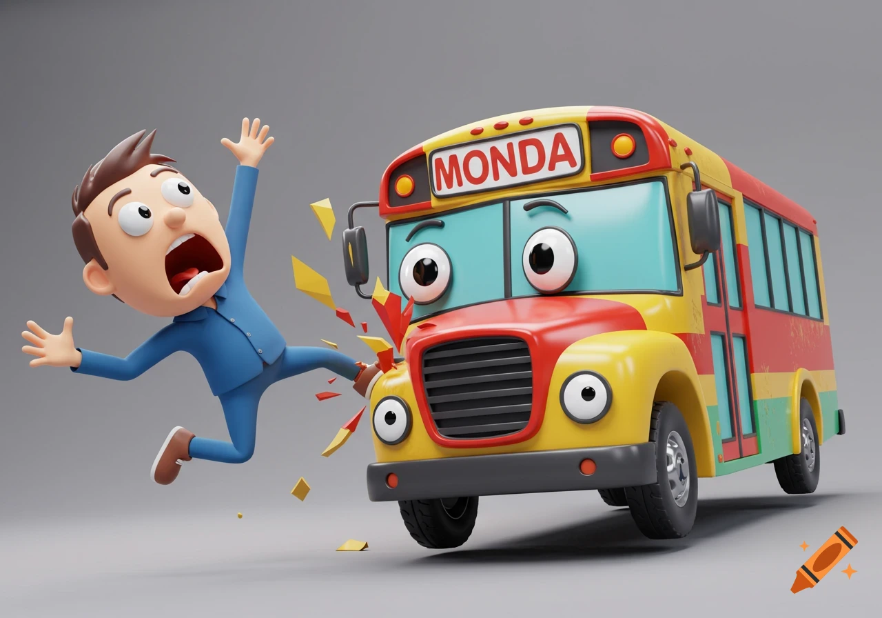 3D cartoon of a shocked character being hit by a colorful bus labeled 'MONDA'