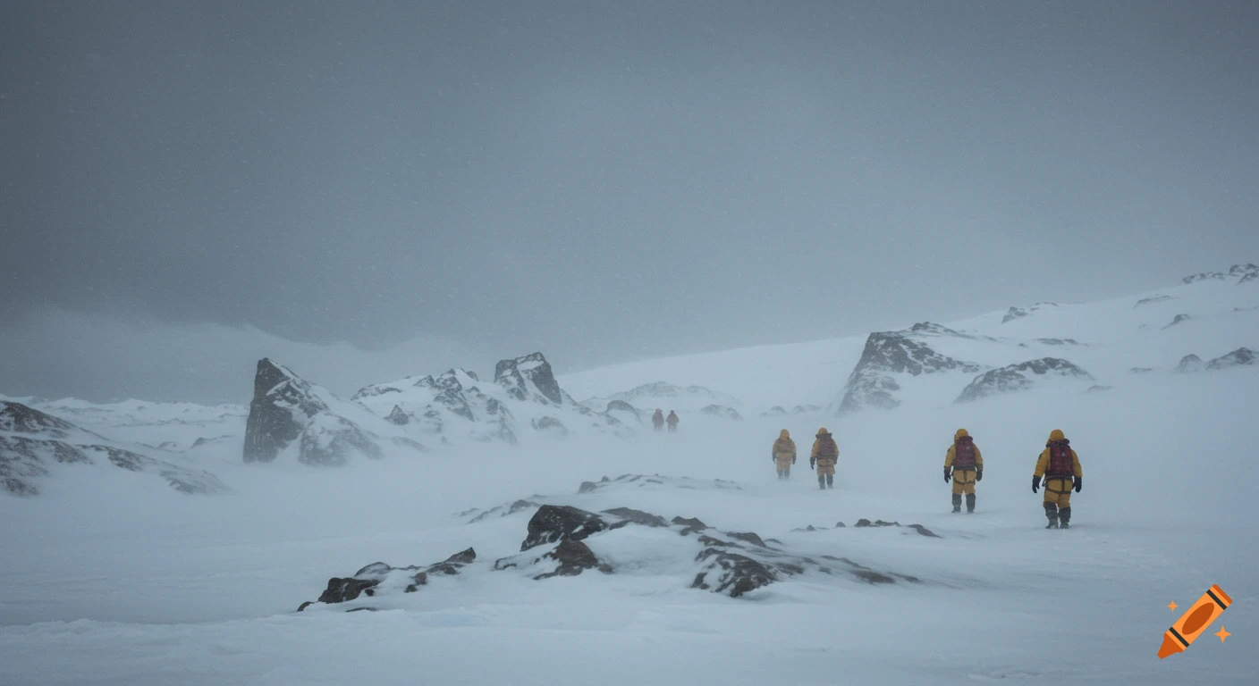 Team trekking through a stormy, snowy Antarctic landscape.