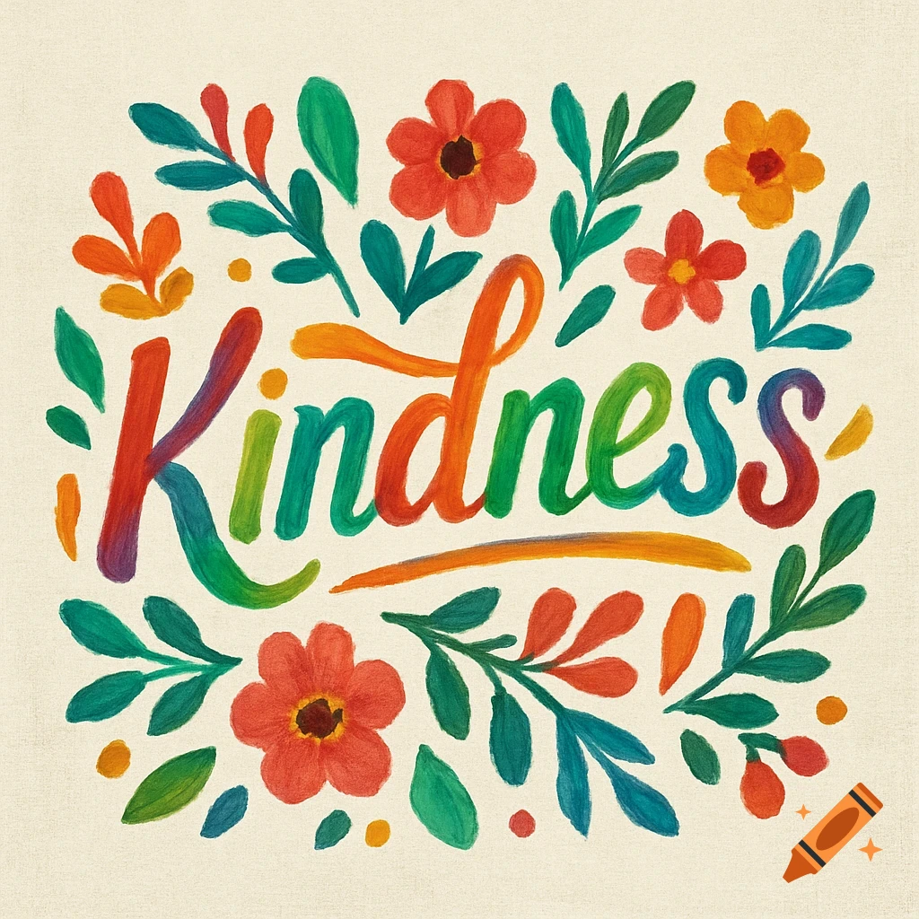 Colorful painting of the word Kindness surrounded by flowers
