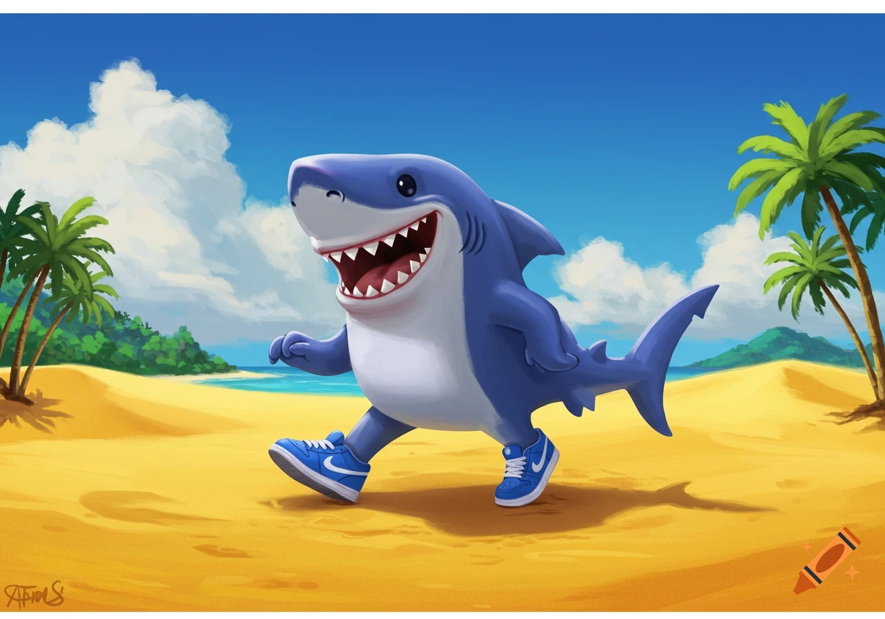 Cartoon shark walking on a sunny beach wearing blue sneakers.