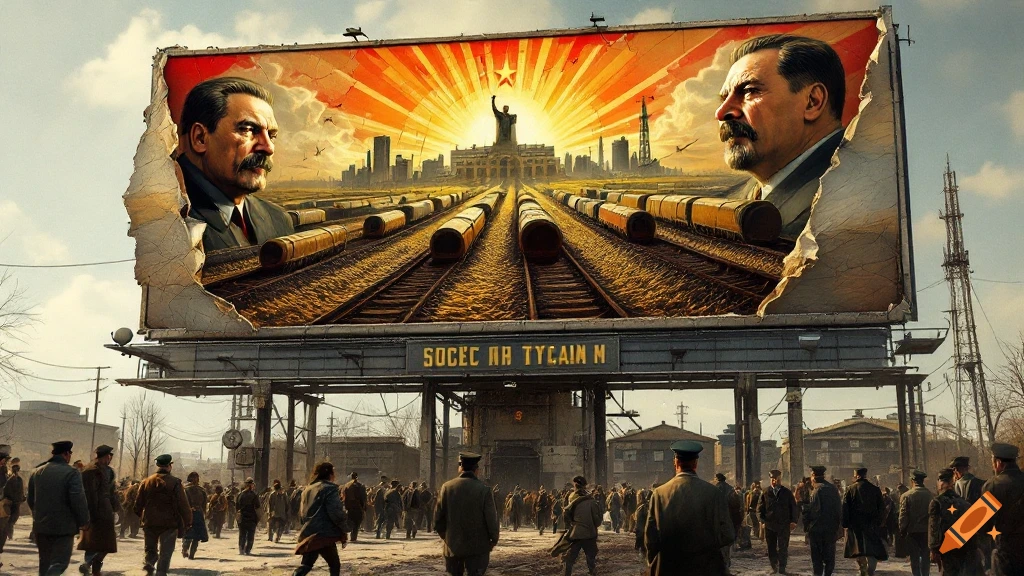 Propaganda billboard showing leaders and trains, peeling to reveal a crowd below.