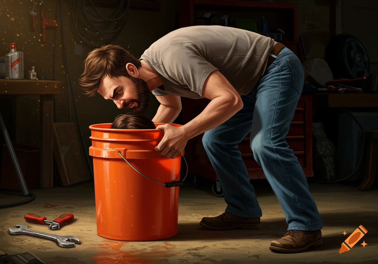 Illustrative image of a man in a garage leaning over an orange bucket with tools on the floor.