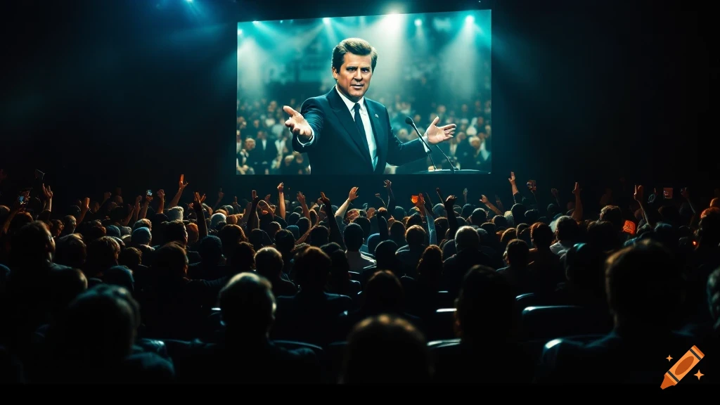 A crowd watches a man on a large screen giving a speech at a rally.