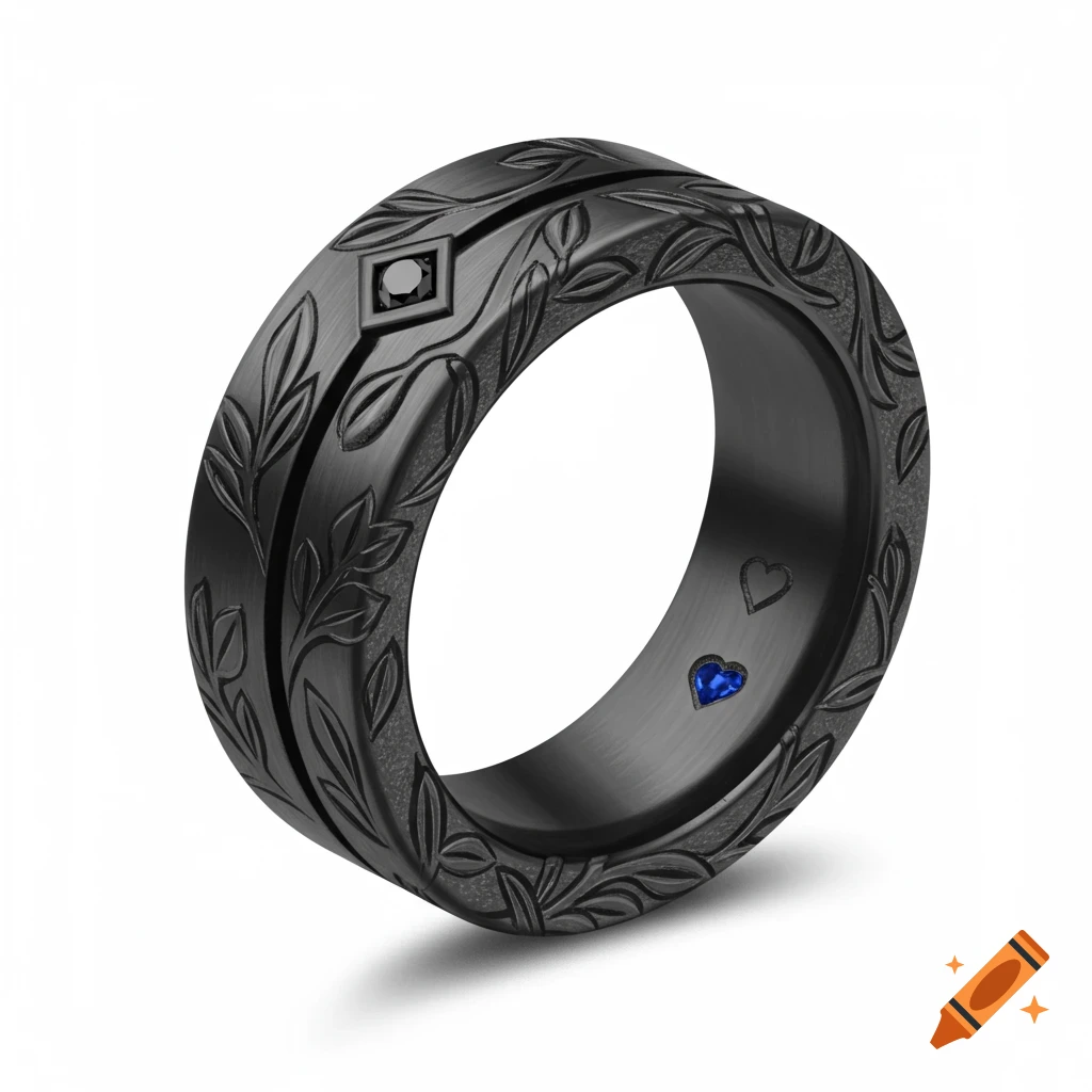 A black titanium ring with vine engravings, a black rhombus diamond, and a blue sapphire heart inside.