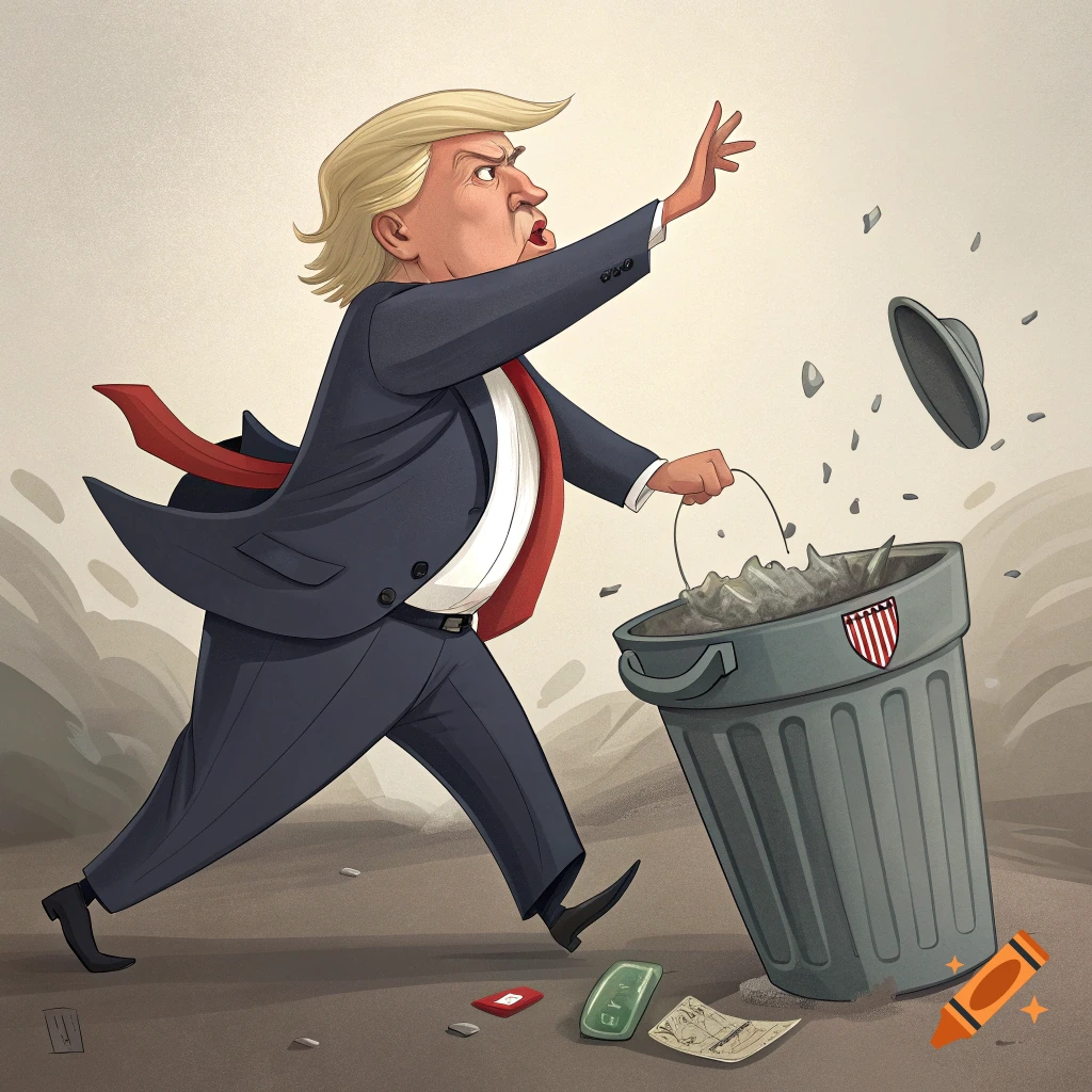 Cartoon of a figure resembling Donald Trump running and throwing garbage into a trash can.