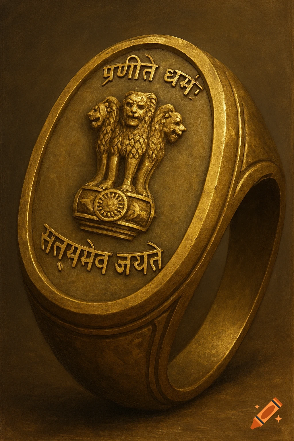 Close-up of a golden signet ring with the Indian State Emblem and Sanskrit text.