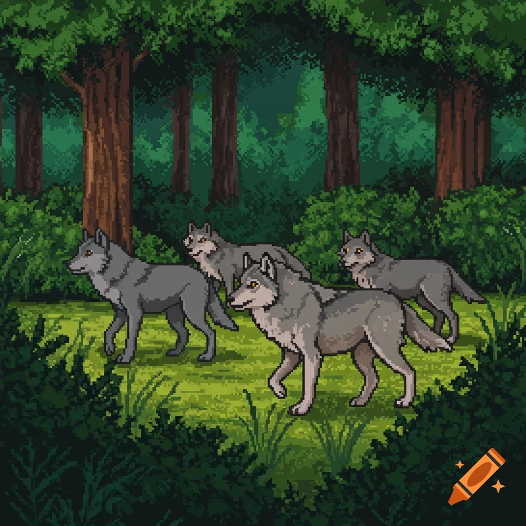 Pixel art image of a pack of grey wolves walking through a forest.