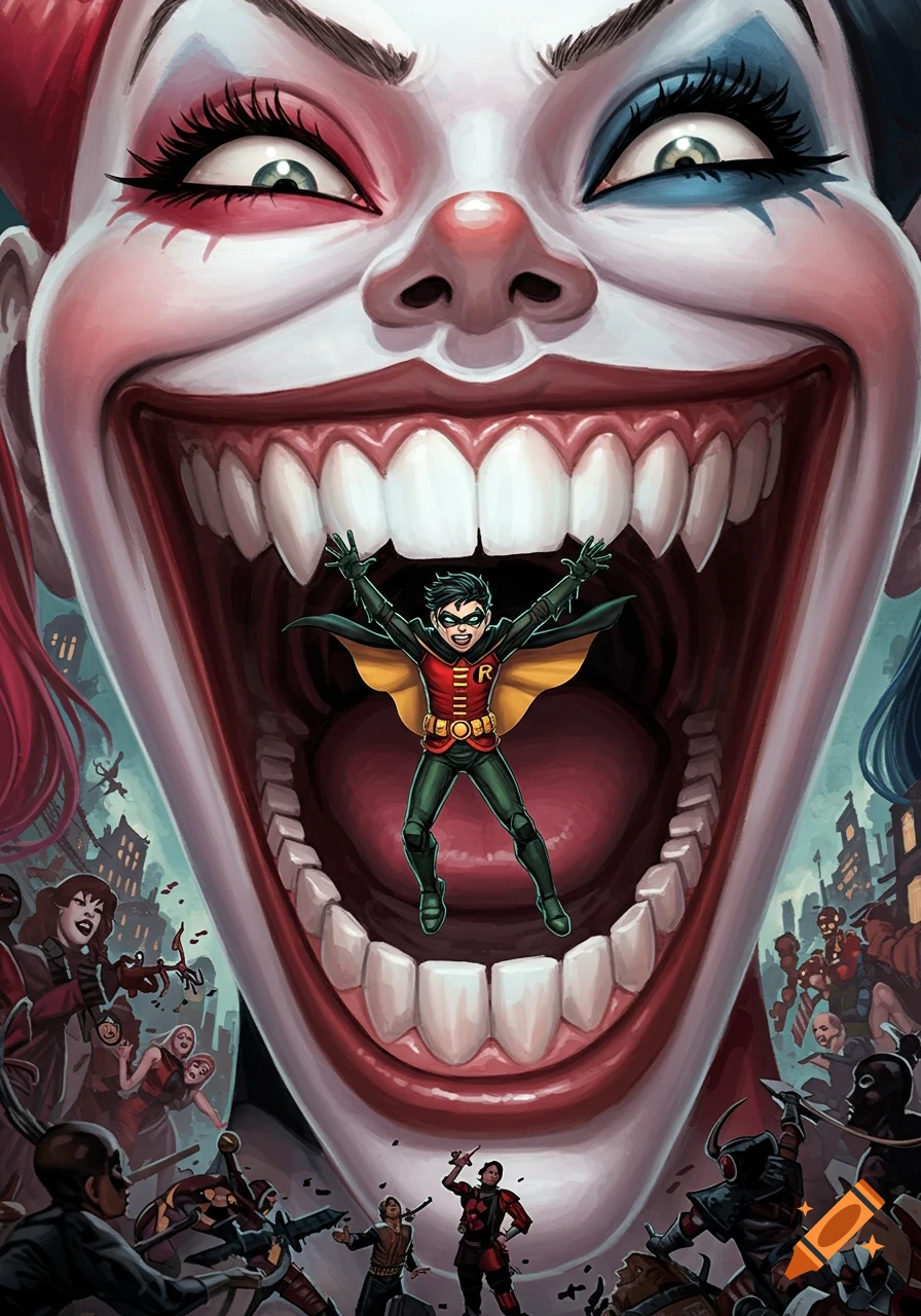 Comic art of Robin in giant Harley Quinn's mouth, smaller figures below