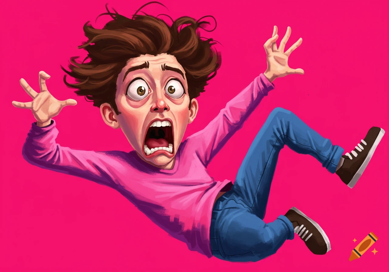 Cartoon illustration of a person falling with a wide-eyed, terrified expression against a pink background.