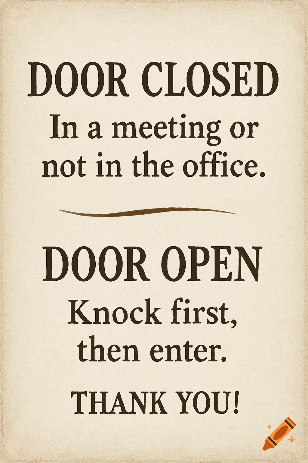 Vintage door sign with text about door status: 'DOOR CLOSED: In a meeting or not in the office. DOOR OPEN: Knock first, then enter. THANK YOU!'