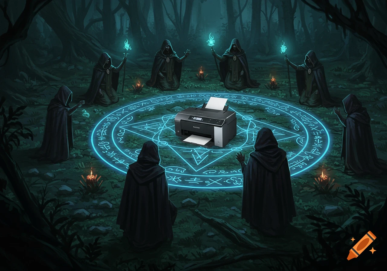 Cloaked figures stand around a glowing summoning circle in a dark forest, with a printer placed in the center.