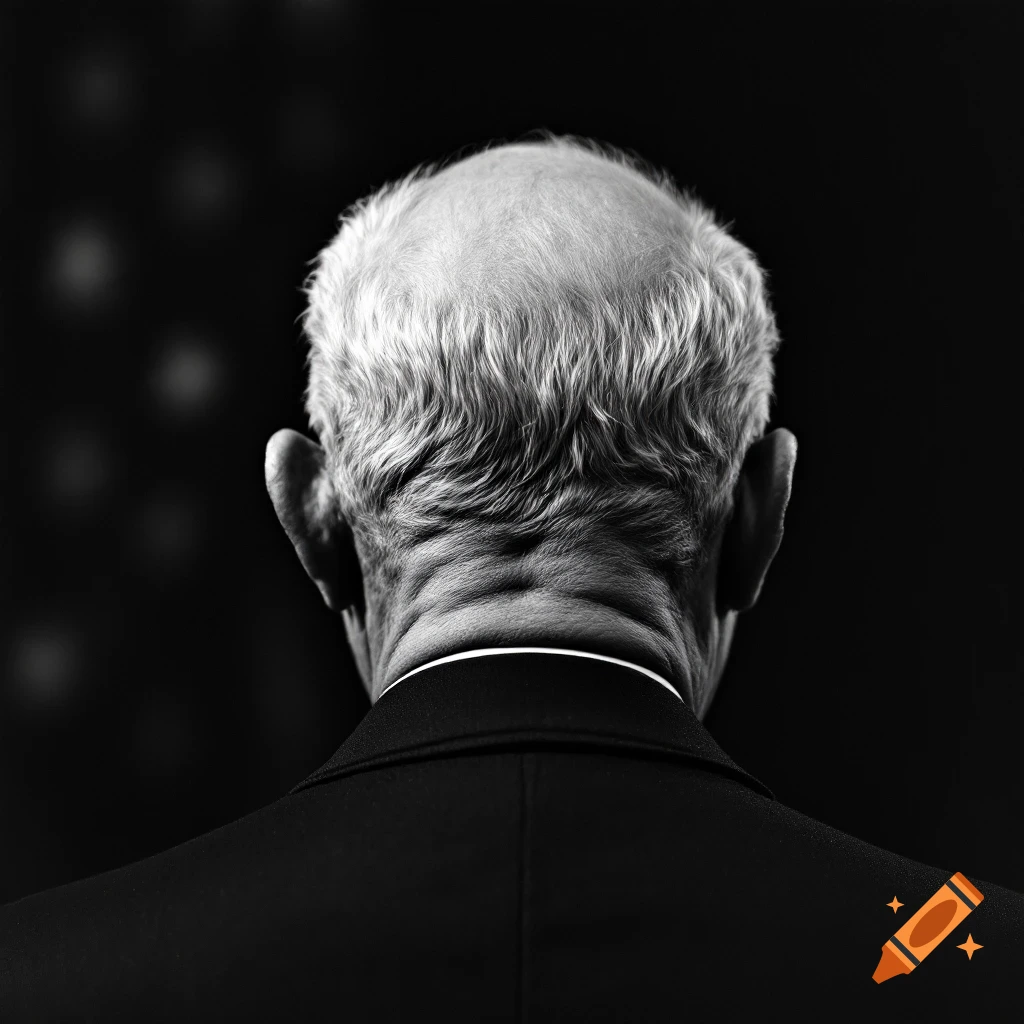 Black and white photo of the back of a man's head wearing a suit