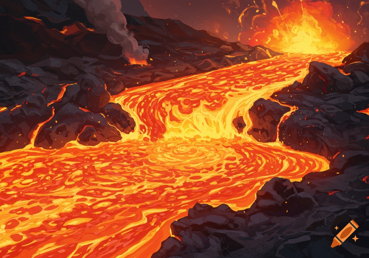 A river of molten lava flows through a dark, rocky volcanic landscape.