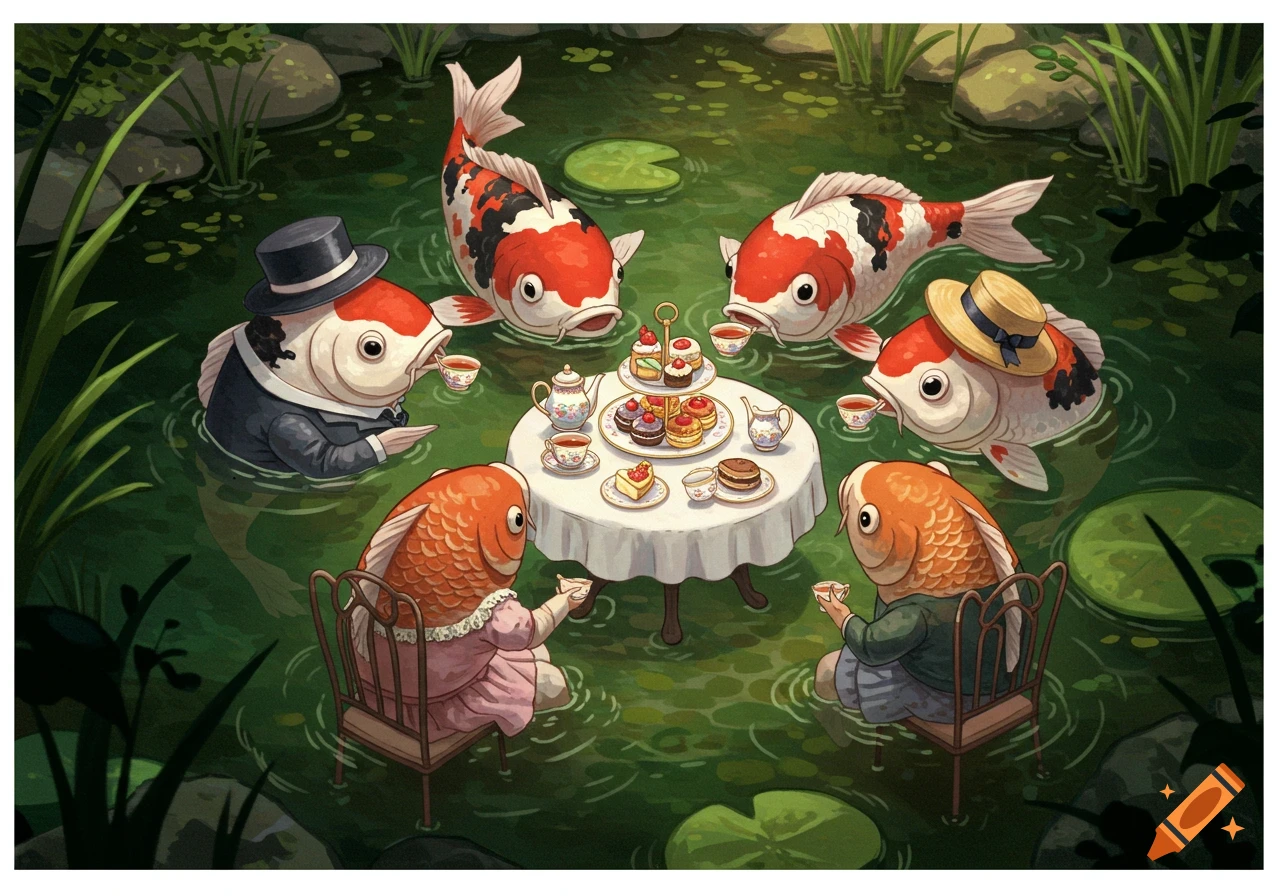 Illustration of anthropomorphic koi fish having a tea party in a pond.