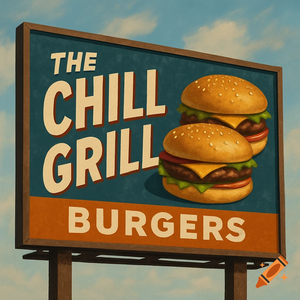 A stylized illustration of a billboard advertising The Chill Grill Burgers, featuring text and two burgers.