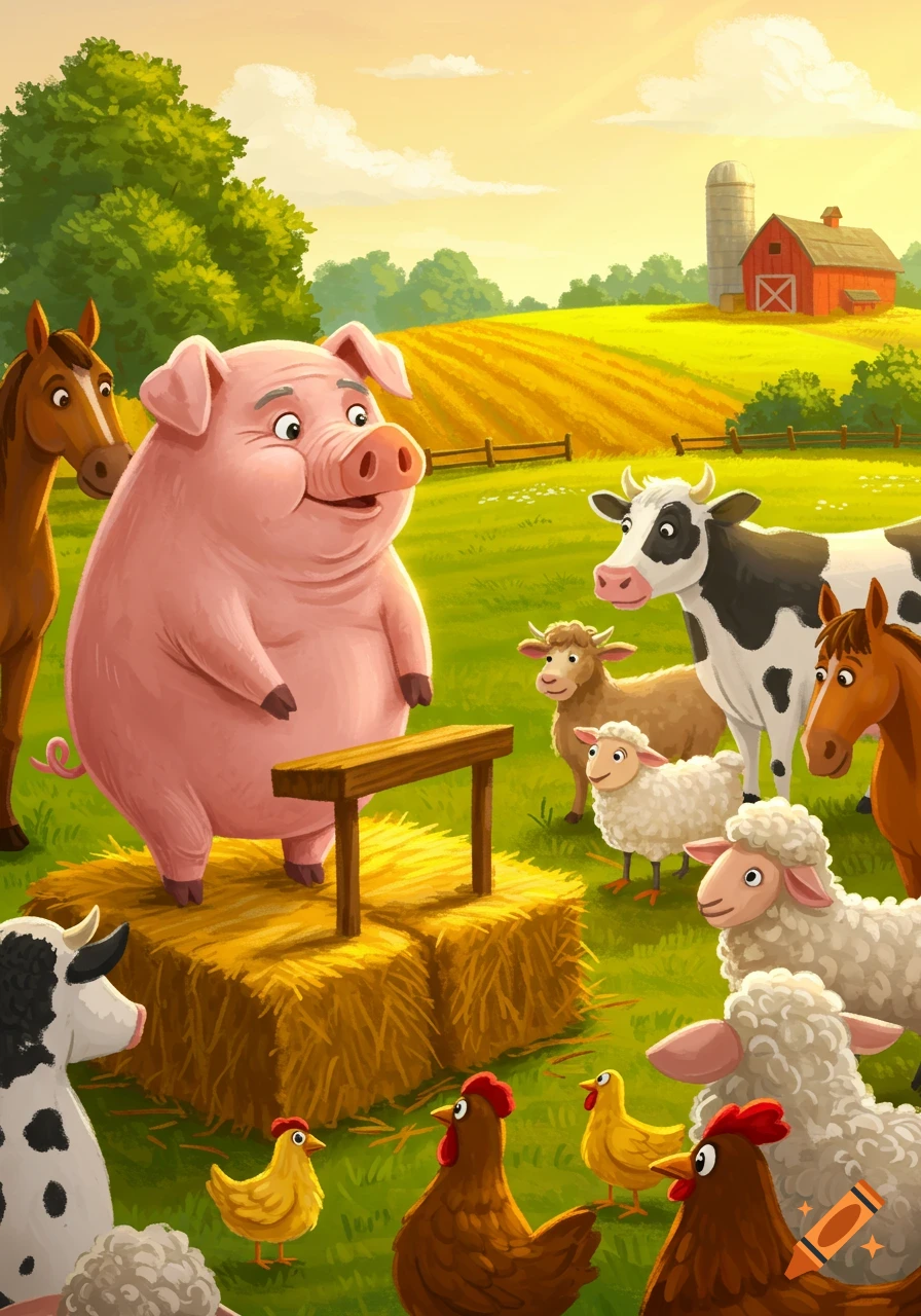 An illustration of a pig standing on hay bales speaking to a crowd of farm animals on a sunny farm.
