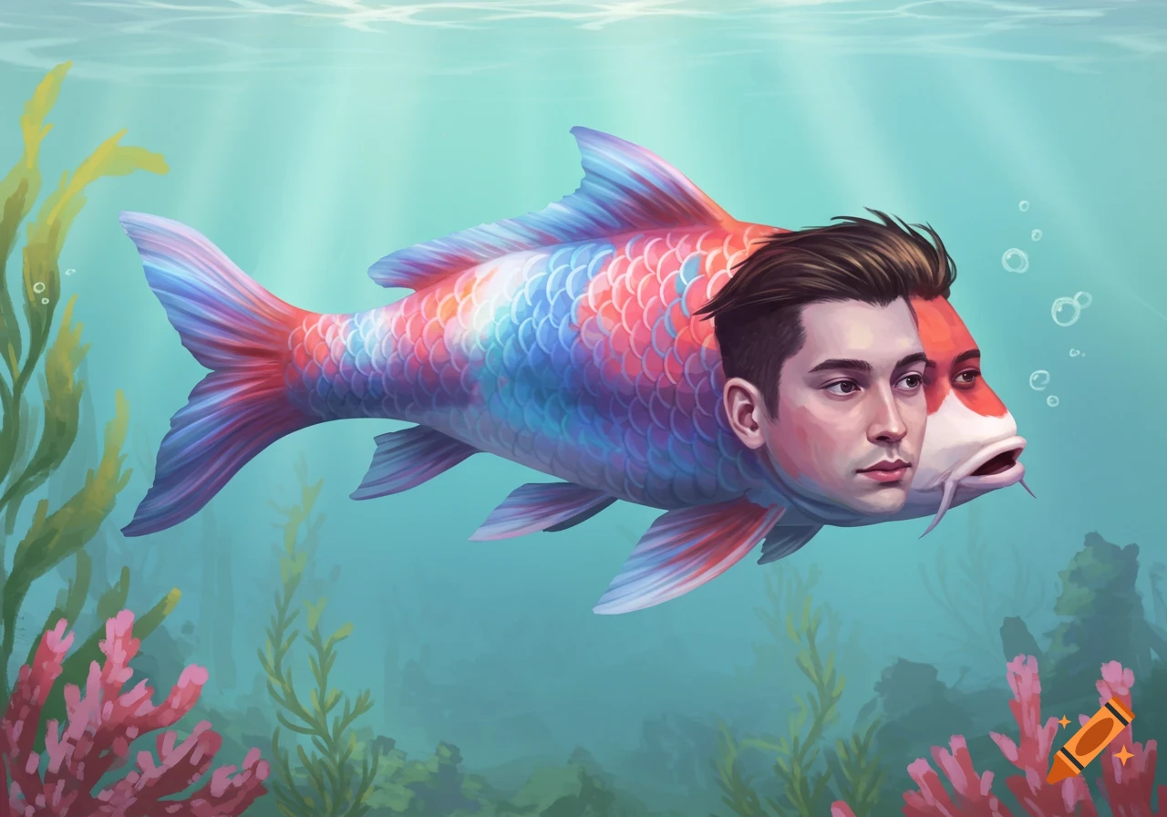 A surreal illustration of a fish swimming underwater with a human face.