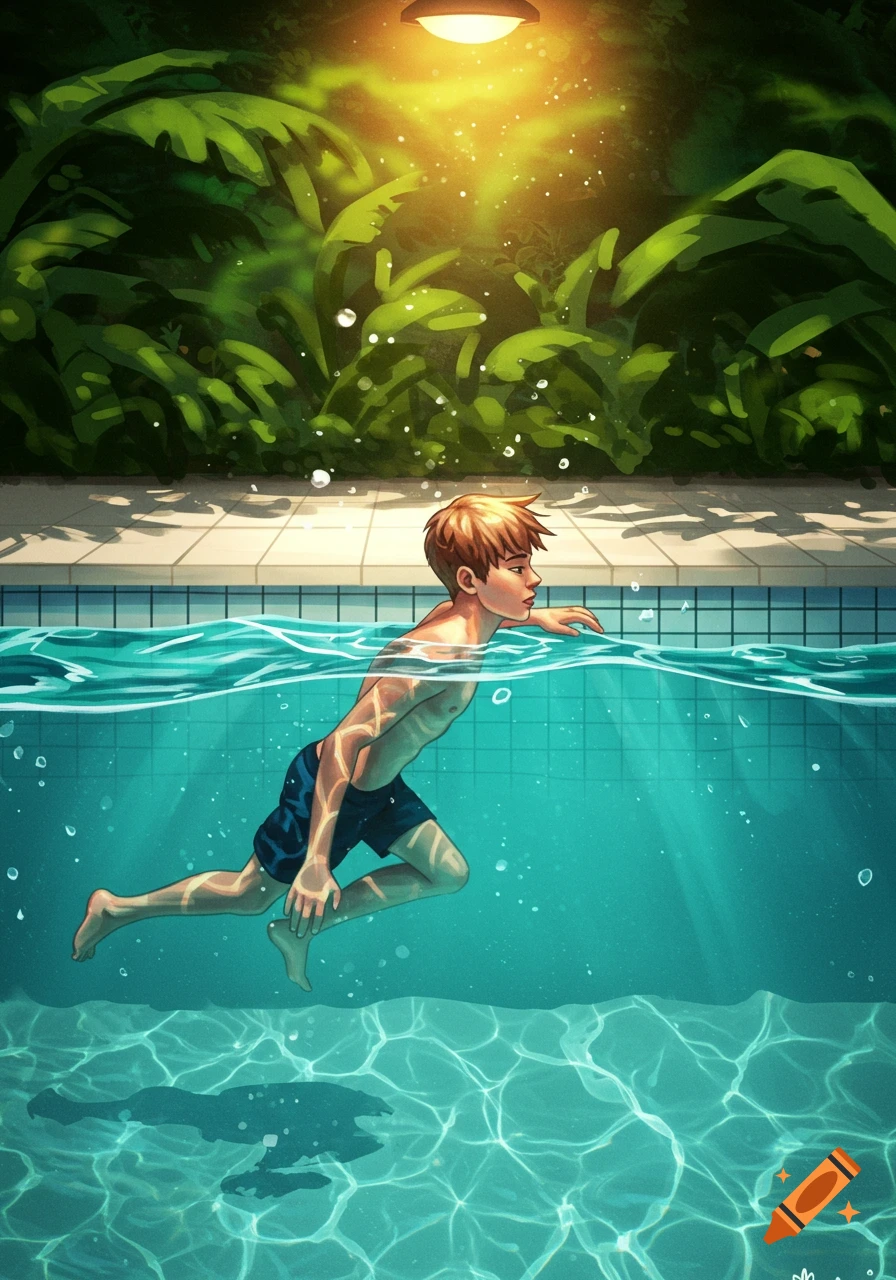 An illustration of a young person swimming in a pool with sunbeams shining through the water.