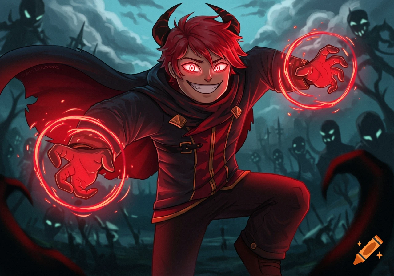 Stylized young man with red eyes and horns casting red magic, stands in a spooky forest with shadowy figures in the background. Digital art.