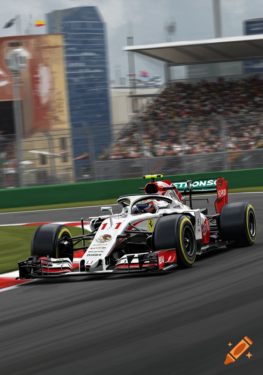 A white and red Formula 1 car with Mexican flag details on a race track.