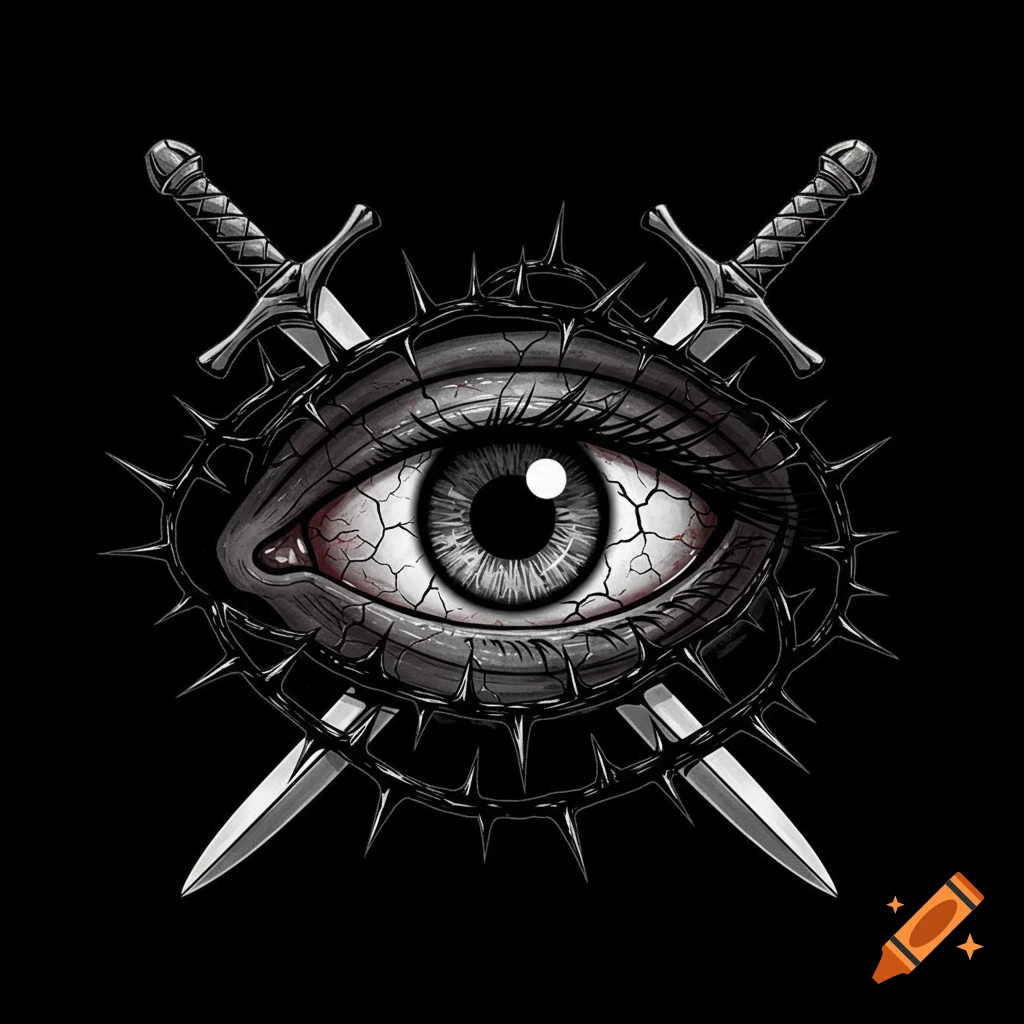 Stylized gothic illustration of a demonic eye with cracks, surrounded by sharp thorns and crossed swords.